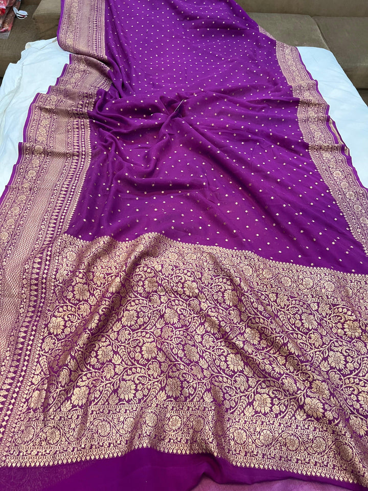 Magenta Pure Khaddi Georgette Banarasi Handloom Saree - Aura Benaras
