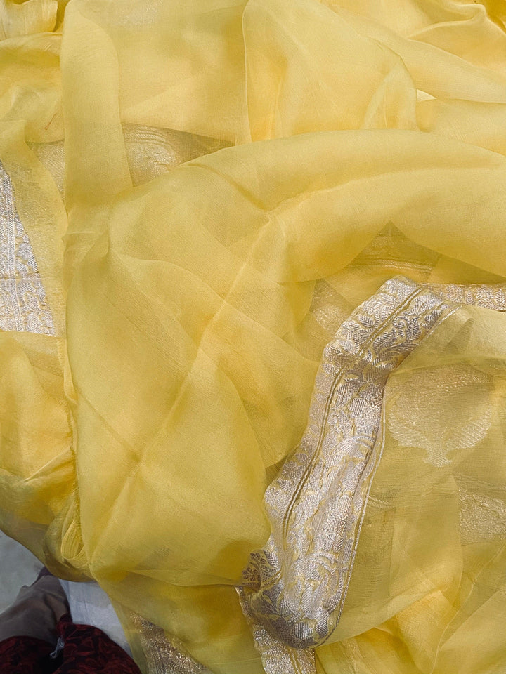 Yellow Banarasi Handloom Pure Georgette Silk Saree - Aura Benaras