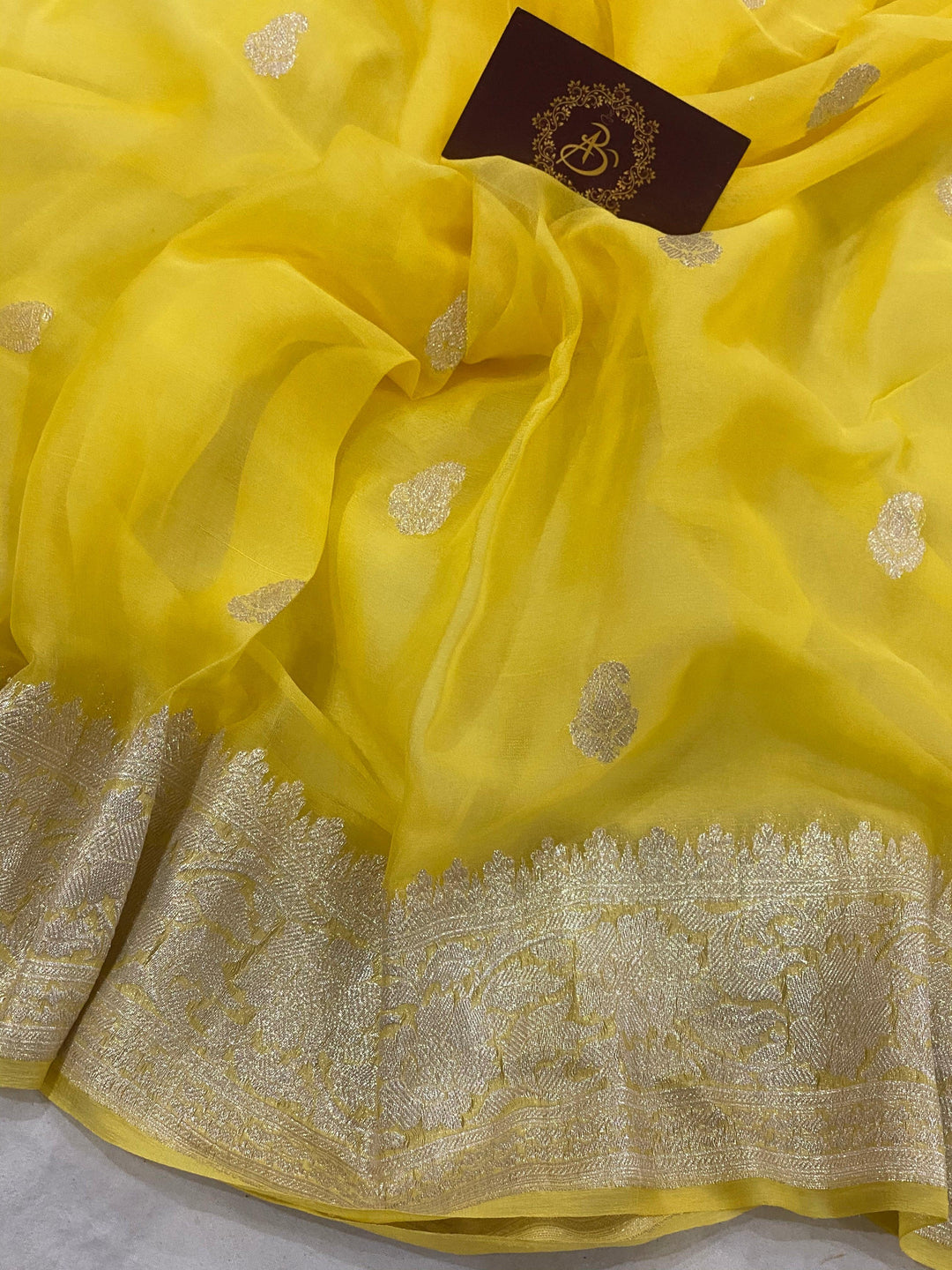 Yellow Banarasi Handloom Pure Georgette Silk Saree - Aura Benaras