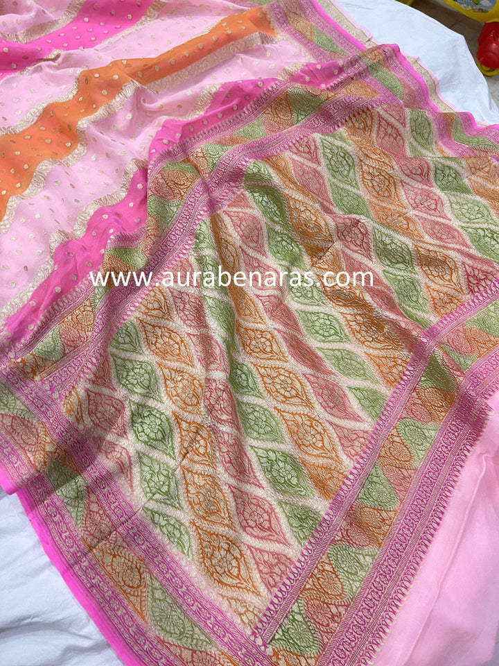 Baby Pink Rangkaat Banarasi Khaddi Georgette Saree - Aura Benaras