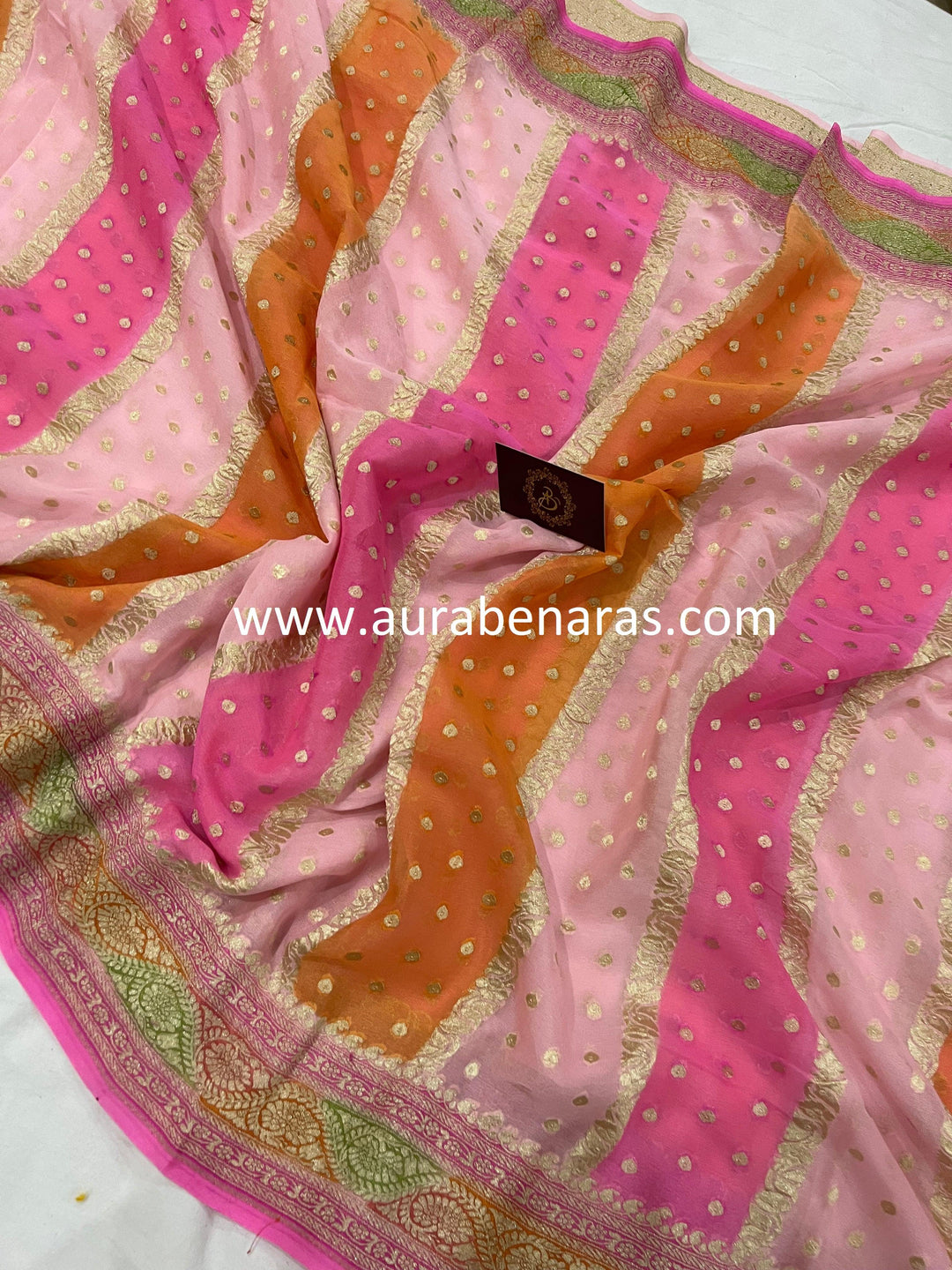 Baby Pink Rangkaat Banarasi Khaddi Georgette Saree - Aura Benaras