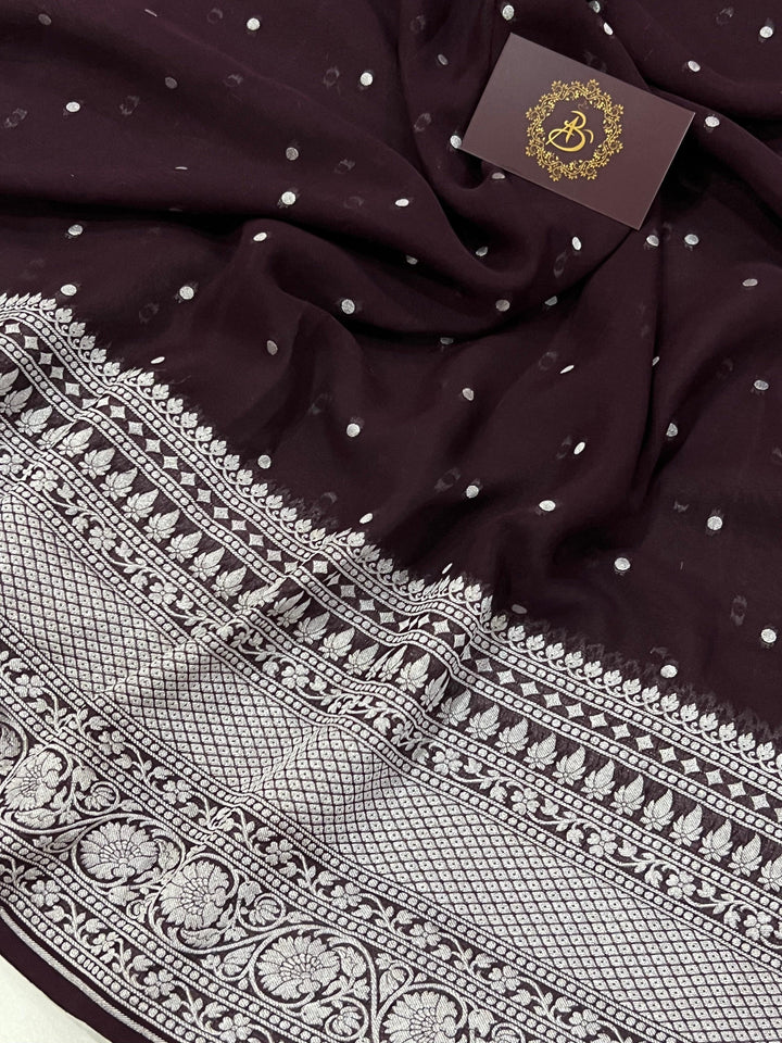 Coffee Brown Pure Khaddi Georgette Banarasi Handloom Saree - Aura Benaras