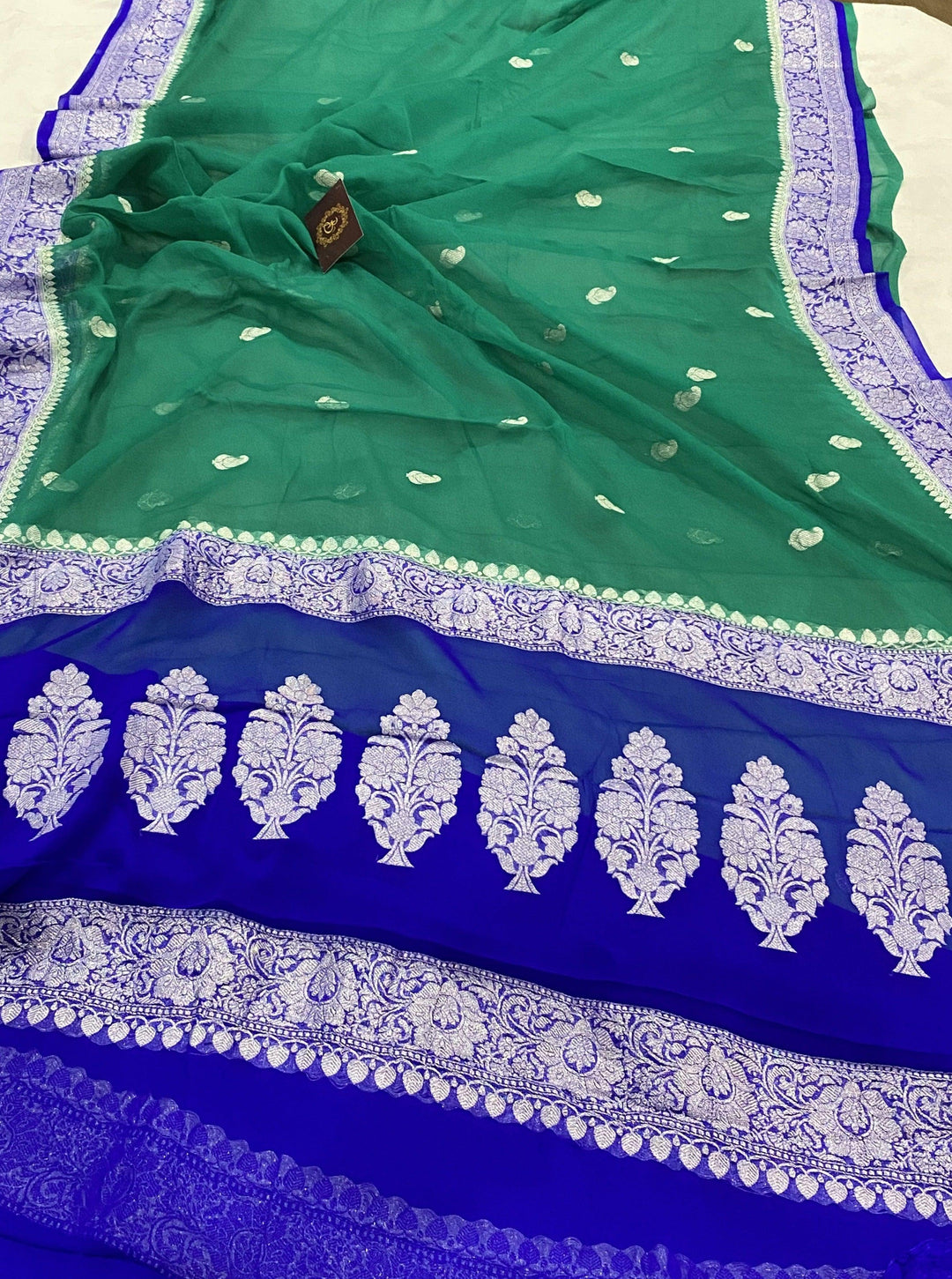 Teal Green Banarasi Handloom Pure Georgette Silk Saree - Aura Benaras