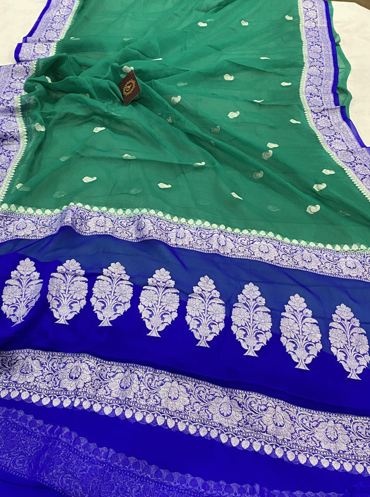 Teal Green Banarasi Handloom Pure Georgette Silk Saree - Aura Benaras