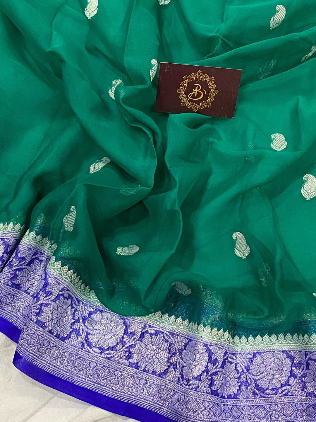 Teal Green Banarasi Handloom Pure Georgette Silk Saree - Aura Benaras