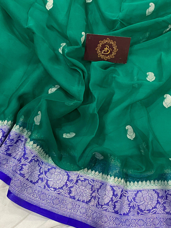 Teal Green Banarasi Handloom Pure Georgette Silk Saree - Aura Benaras