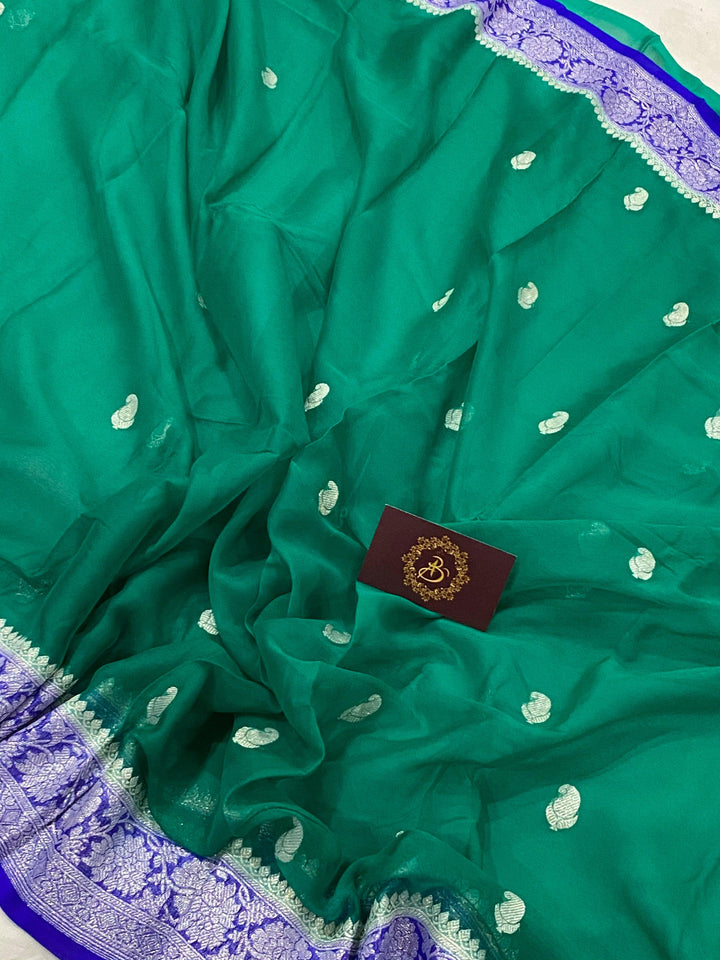 Teal Green Banarasi Handloom Pure Georgette Silk Saree - Aura Benaras