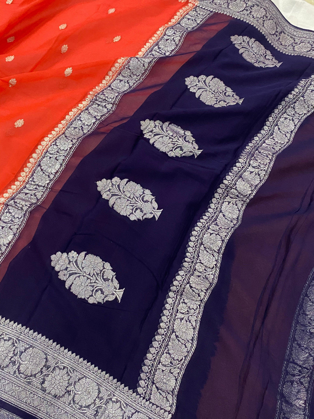Red Banarasi Handloom Pure Georgette Silk Saree - Aura Benaras