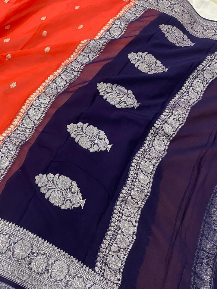 Red Banarasi Handloom Pure Georgette Silk Saree - Aura Benaras