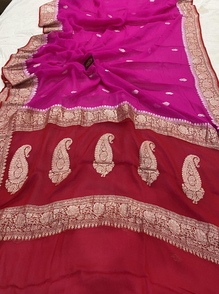 Pink Banarasi Handloom Pure Georgette Silk Saree - Aura Benaras