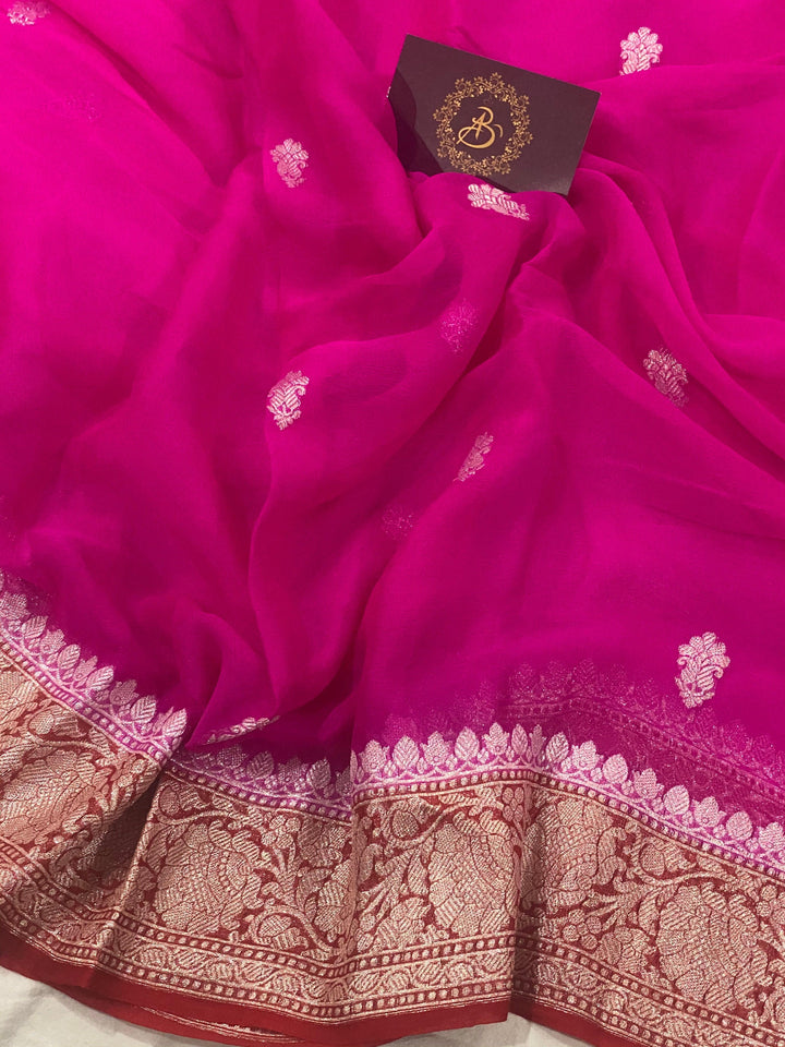 Pink Banarasi Handloom Pure Georgette Silk Saree - Aura Benaras