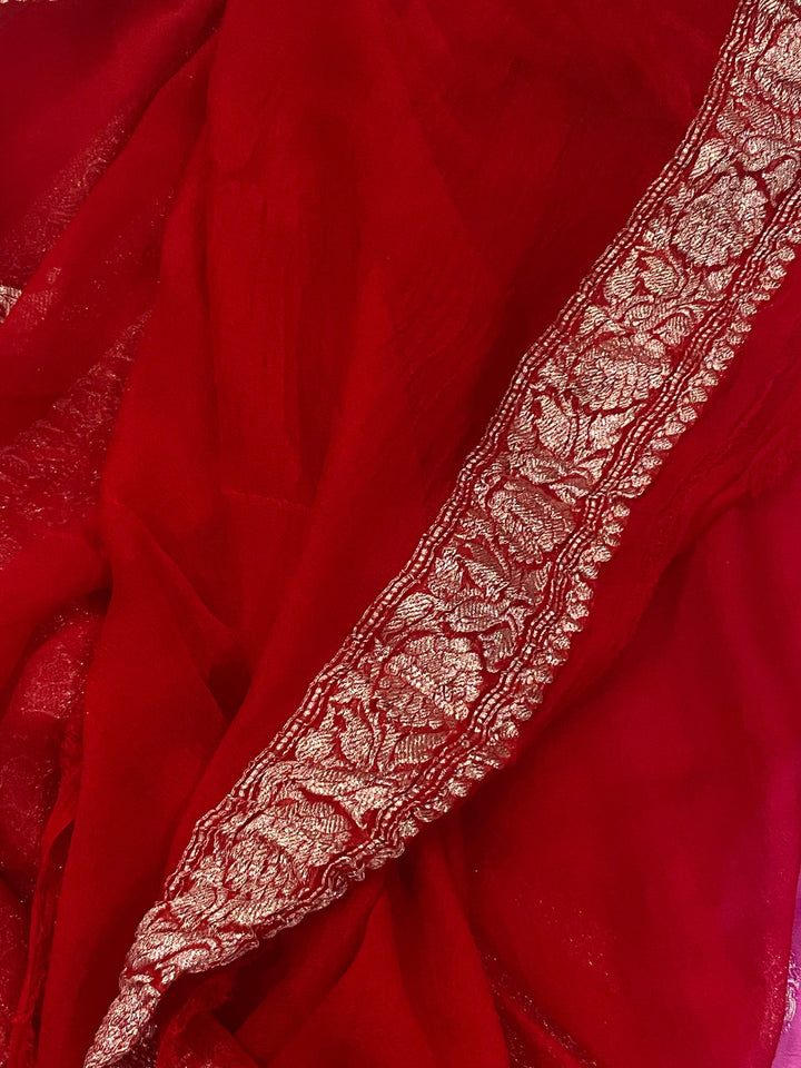 Pink Banarasi Handloom Pure Georgette Silk Saree - Aura Benaras