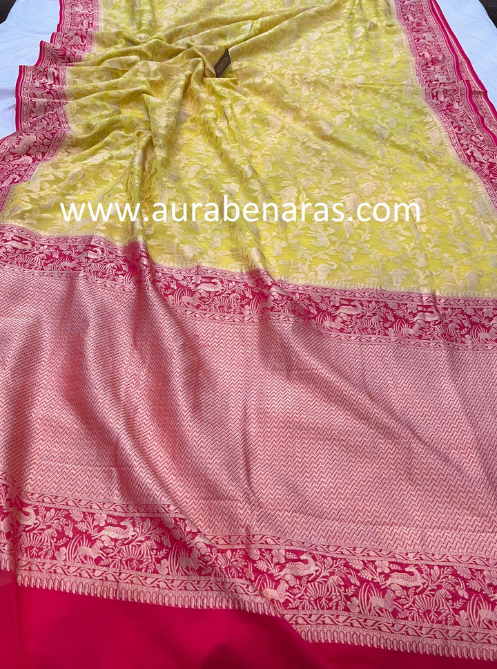 Lemon Yellow Banarasi Khaddi Georgette Saree - Aura Benaras