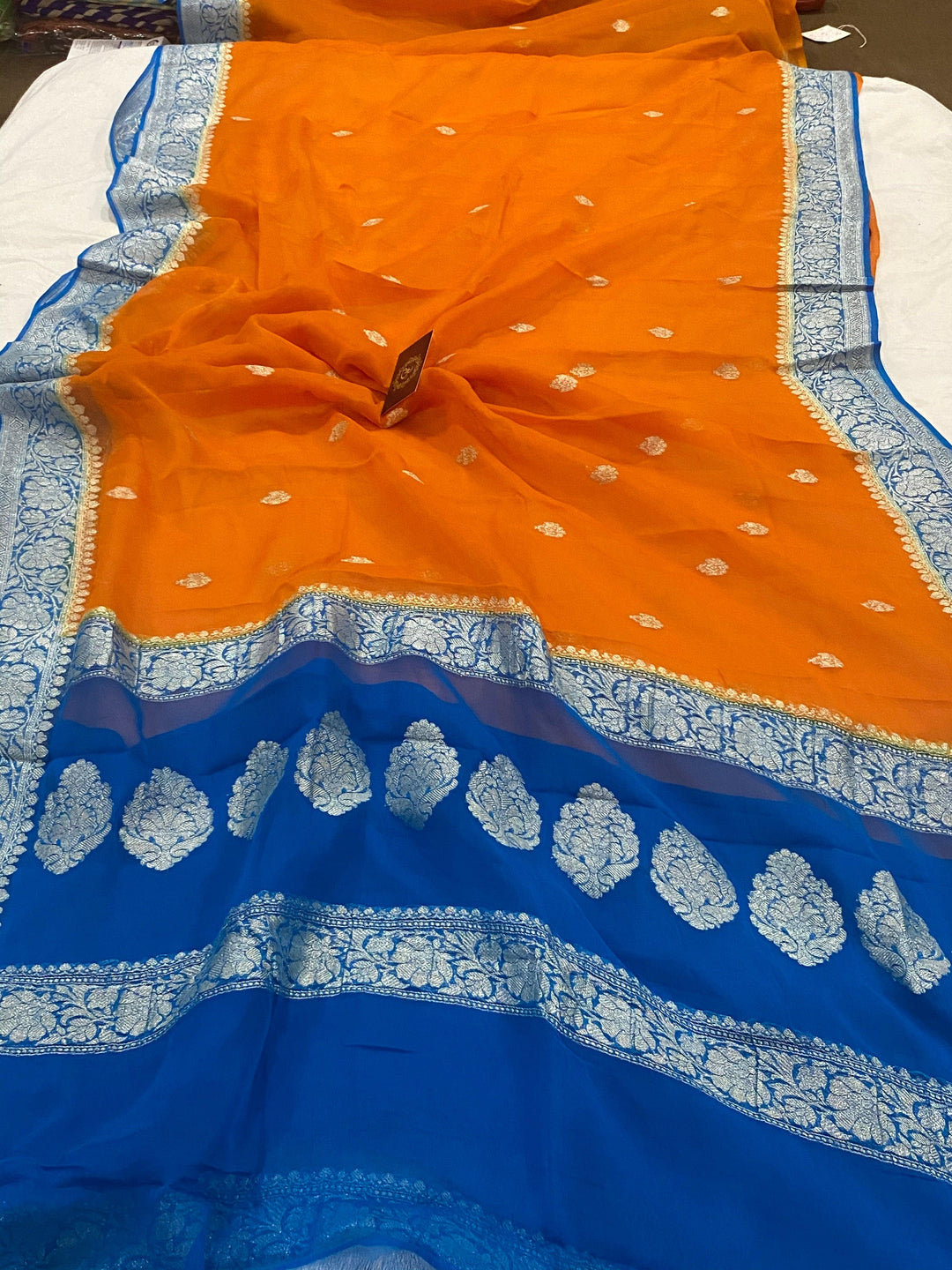 Orange Banarasi Handloom Pure Georgette Silk Saree - Aura Benaras