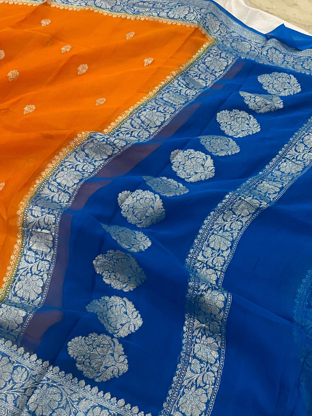 Orange Banarasi Handloom Pure Georgette Silk Saree - Aura Benaras