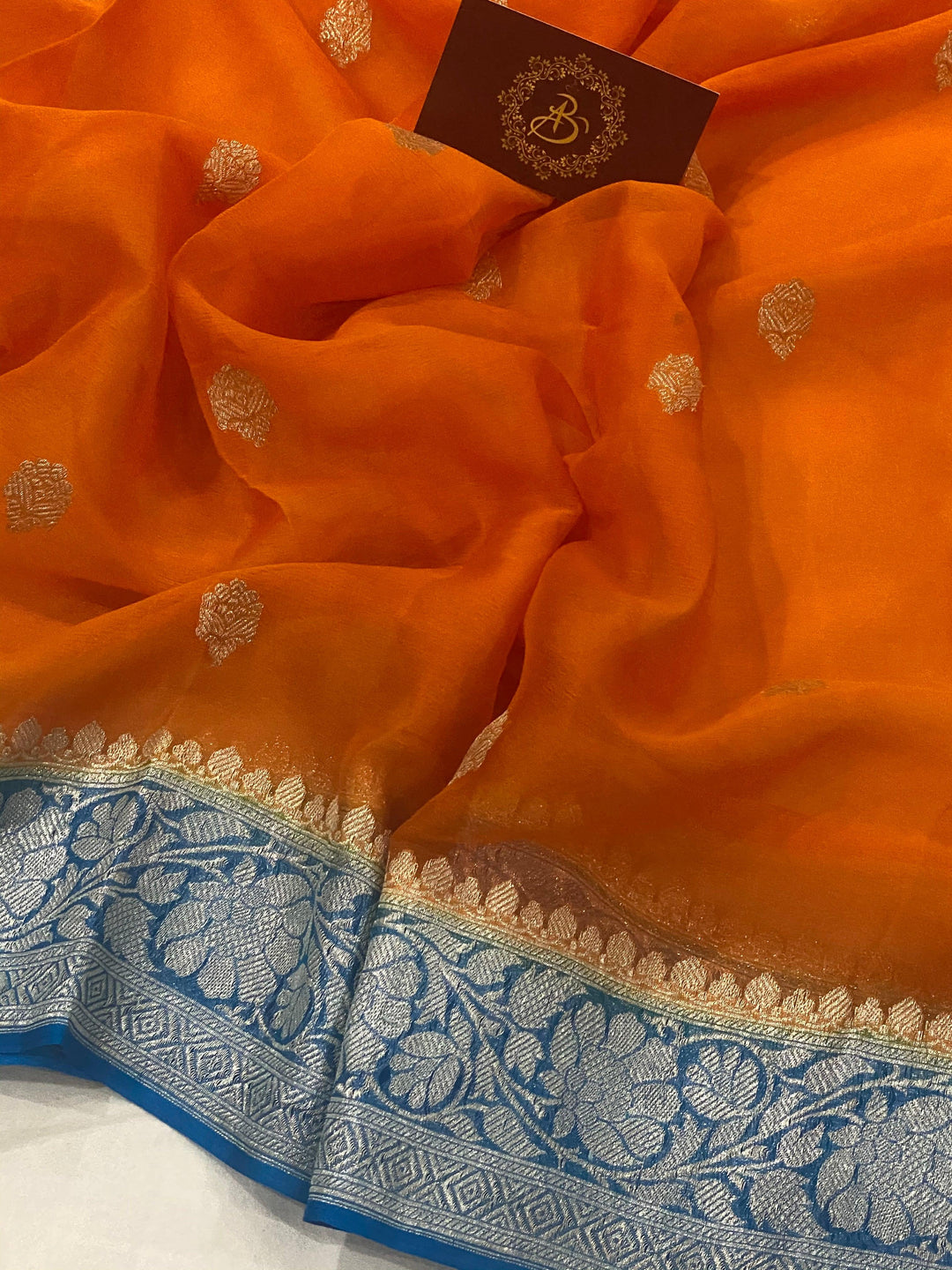 Orange Banarasi Handloom Pure Georgette Silk Saree - Aura Benaras