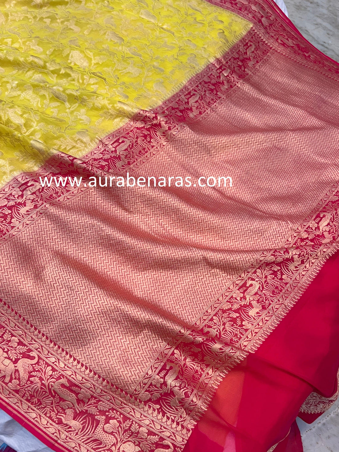 Lemon Yellow Banarasi Khaddi Georgette Saree - Aura Benaras