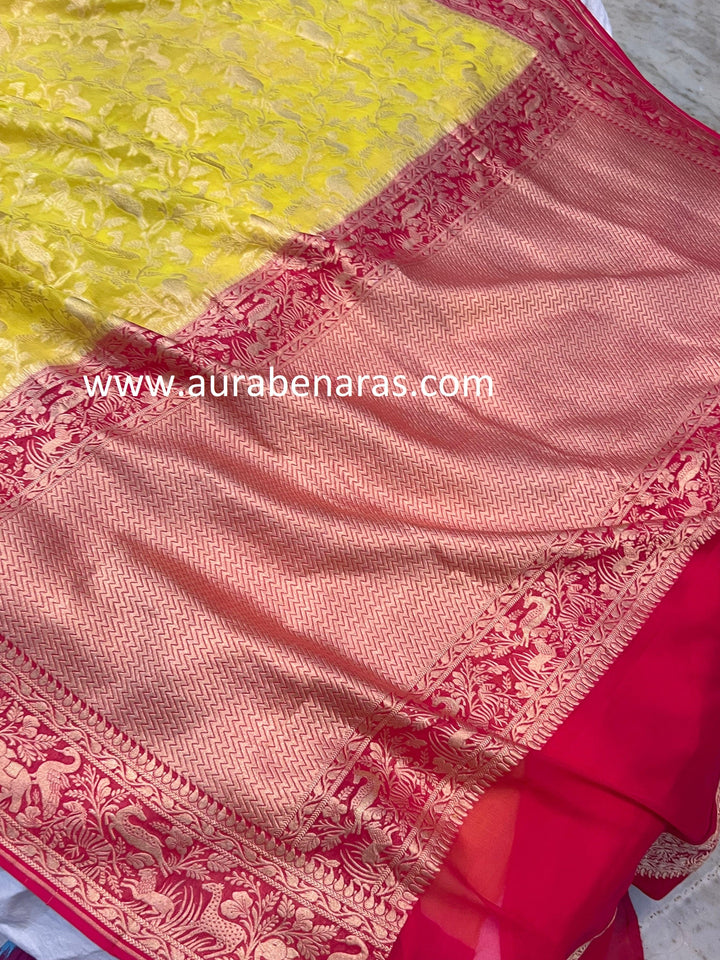 Lemon Yellow Banarasi Khaddi Georgette Saree - Aura Benaras