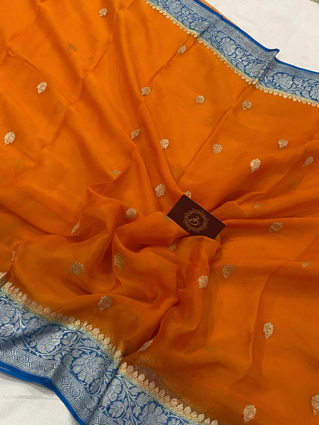 Orange Banarasi Handloom Pure Georgette Silk Saree - Aura Benaras