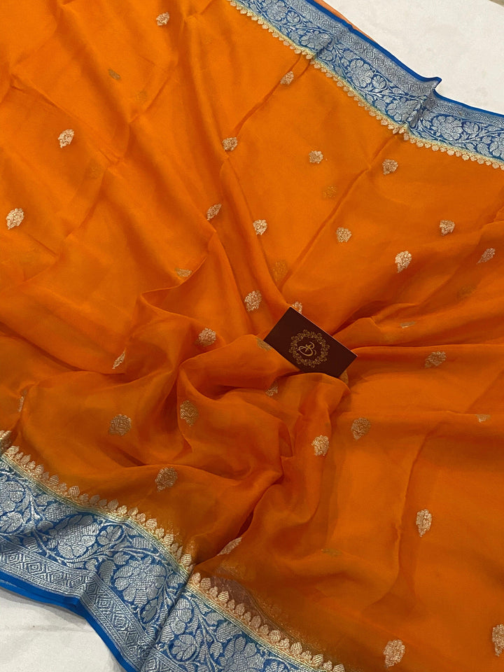 Orange Banarasi Handloom Pure Georgette Silk Saree - Aura Benaras