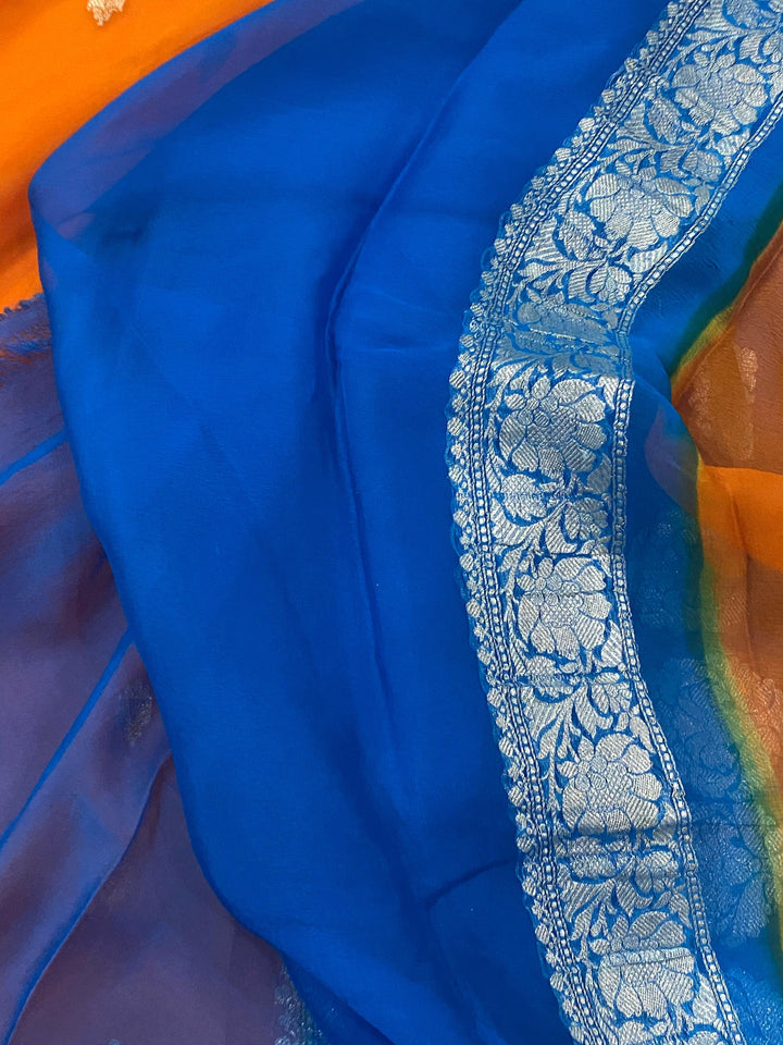 Orange Banarasi Handloom Pure Georgette Silk Saree - Aura Benaras