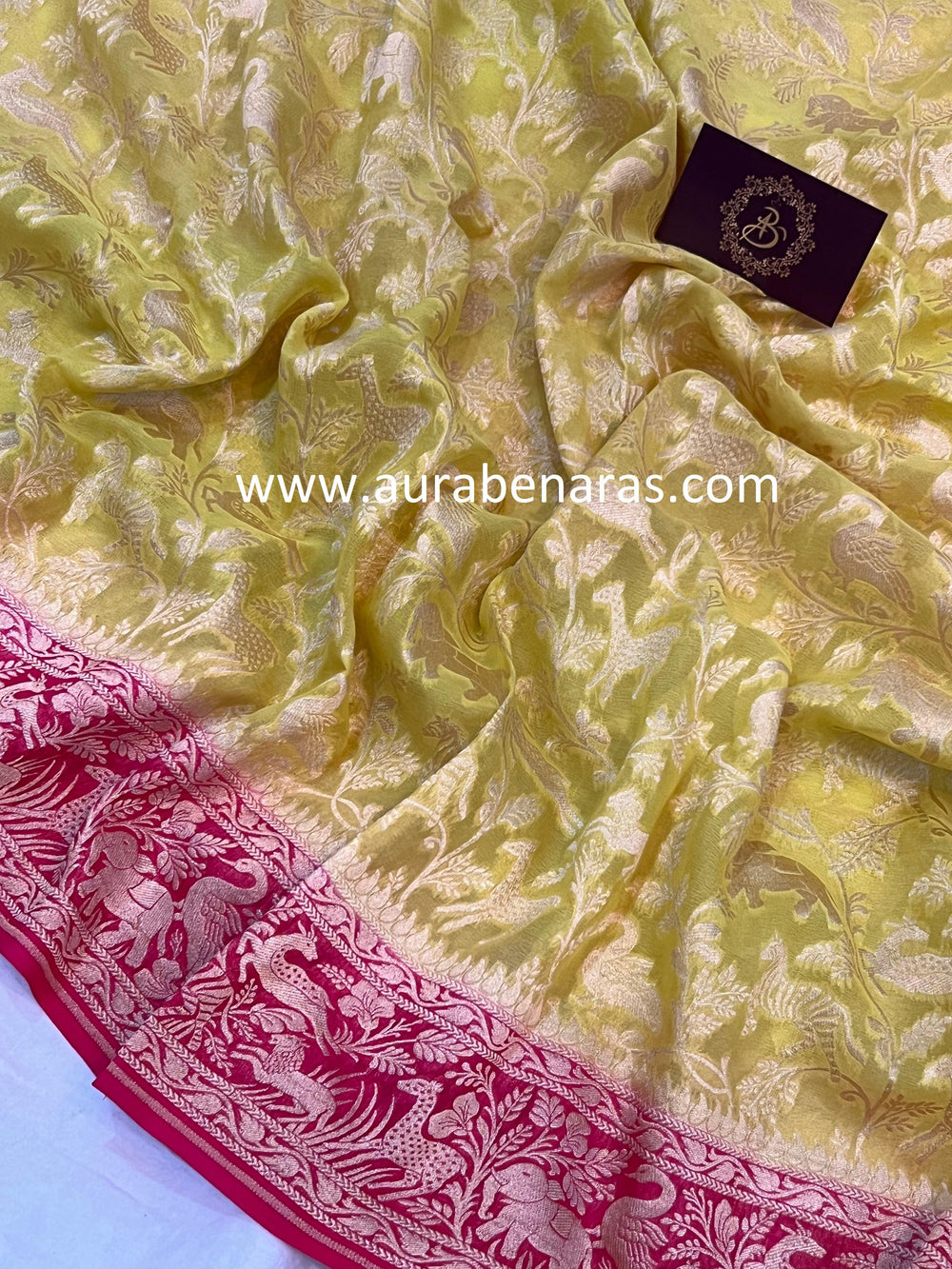 Lemon Yellow Banarasi Khaddi Georgette Saree - Aura Benaras