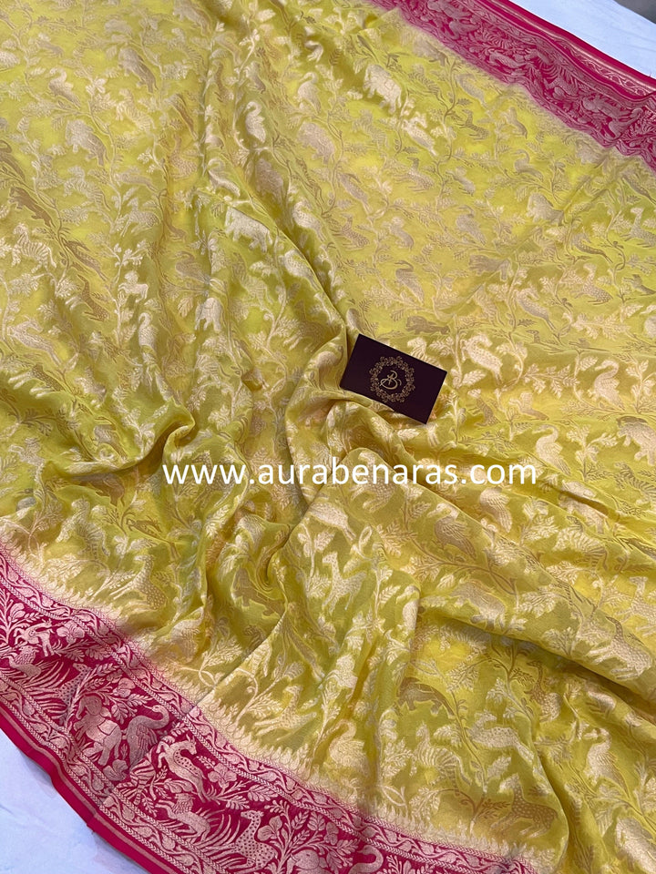 Lemon Yellow Banarasi Khaddi Georgette Saree - Aura Benaras
