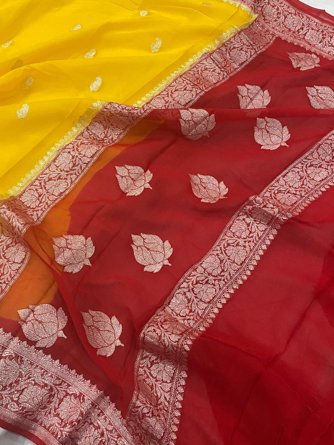 Yellow Banarasi Handloom Pure Georgette Silk Saree - Aura Benaras