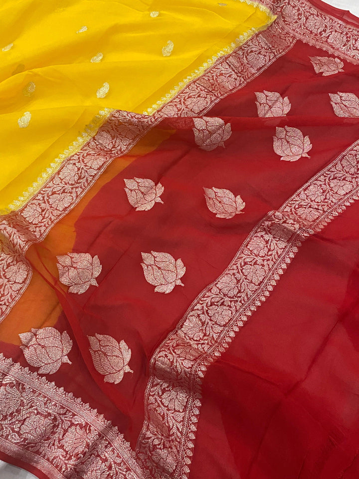 Yellow Banarasi Handloom Pure Georgette Silk Saree - Aura Benaras