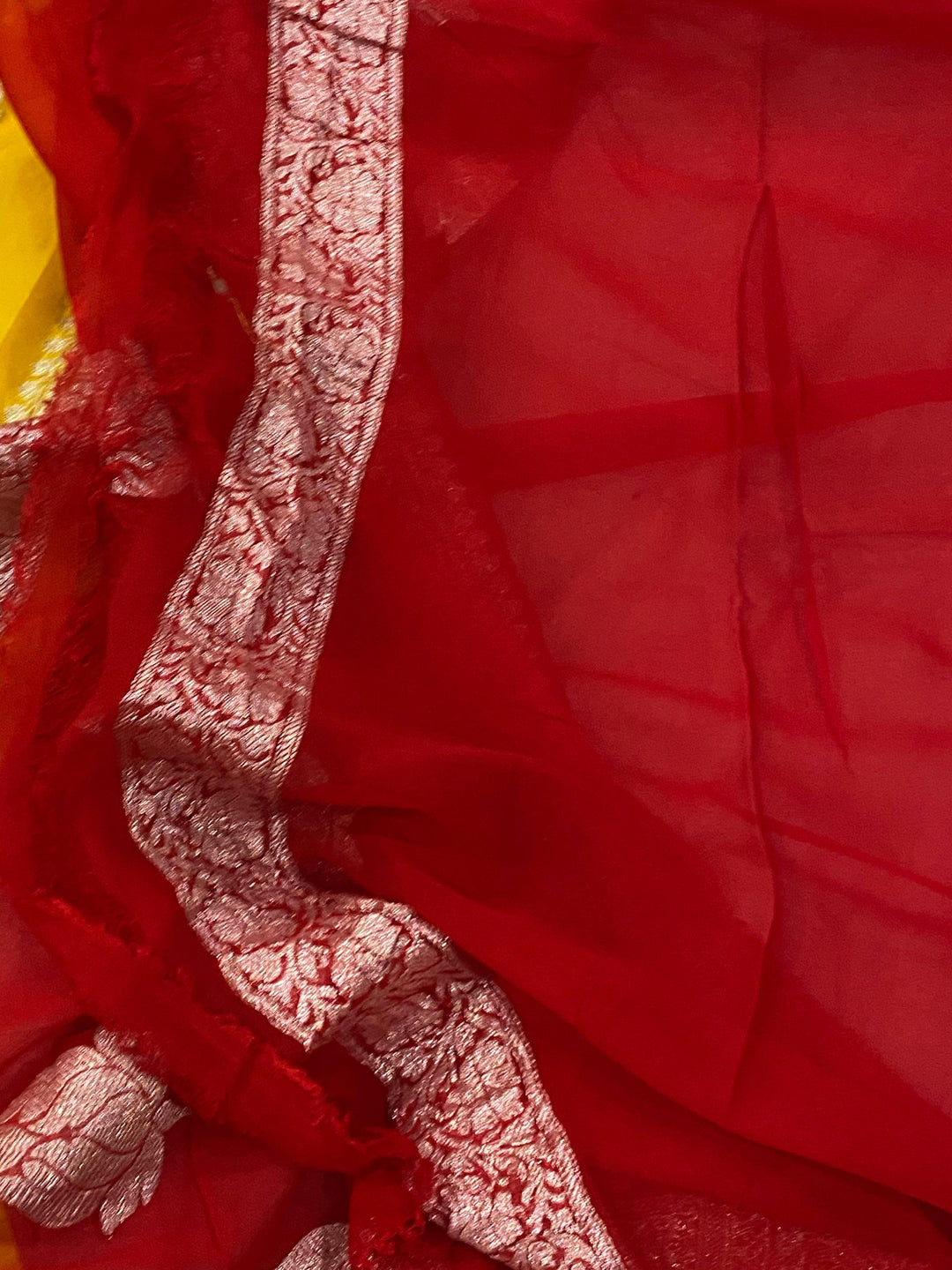 Yellow Banarasi Handloom Pure Georgette Silk Saree - Aura Benaras