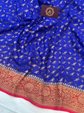 Royal Blue-Red Pure Khaddi Georgette Banarasi Handloom Saree - Aura Benaras