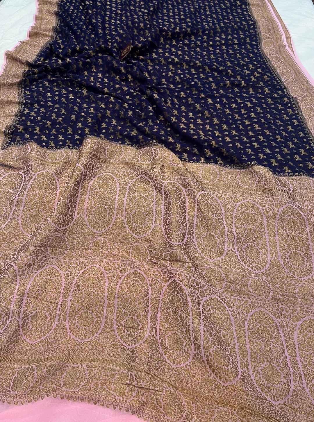 Navy Blue-Pink Pure Khaddi Georgette Banarasi Handloom Saree - Aura Benaras