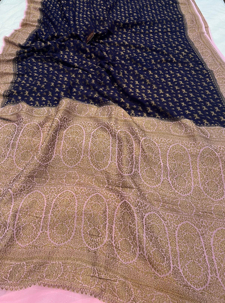 Navy Blue-Pink Pure Khaddi Georgette Banarasi Handloom Saree - Aura Benaras