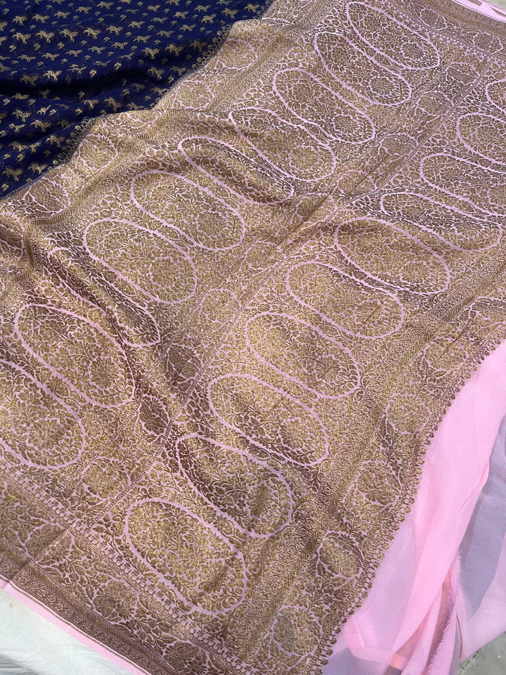 Navy Blue-Pink Pure Khaddi Georgette Banarasi Handloom Saree - Aura Benaras
