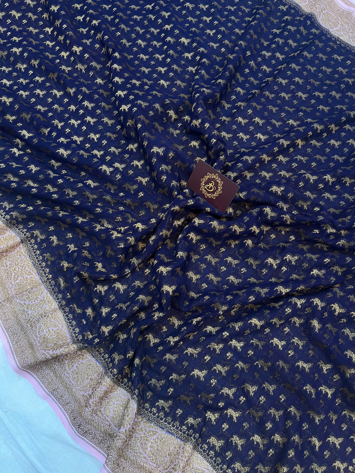 Navy Blue-Pink Pure Khaddi Georgette Banarasi Handloom Saree - Aura Benaras