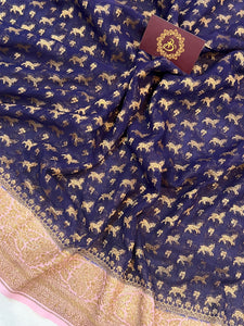 Navy Blue-Pink Pure Khaddi Georgette Banarasi Handloom Saree - Aura Benaras