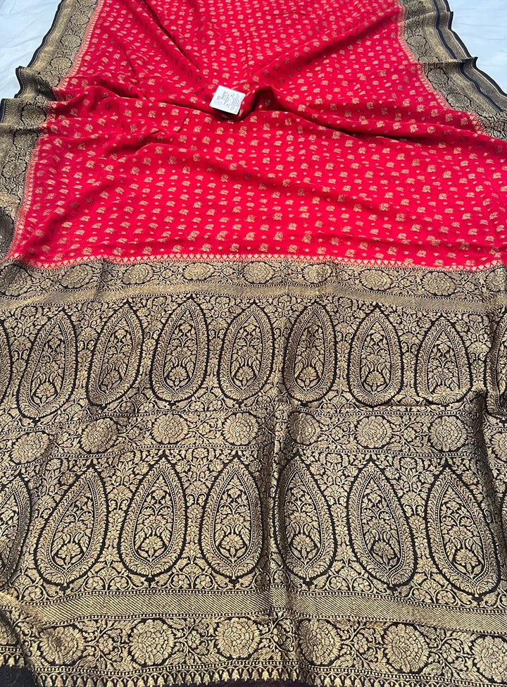 Red-Black Pure Khaddi Georgette Banarasi Handloom Saree - Aura Benaras