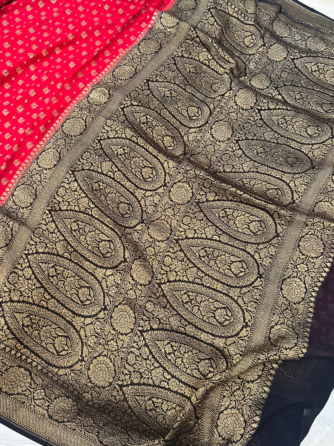 Red-Black Pure Khaddi Georgette Banarasi Handloom Saree - Aura Benaras