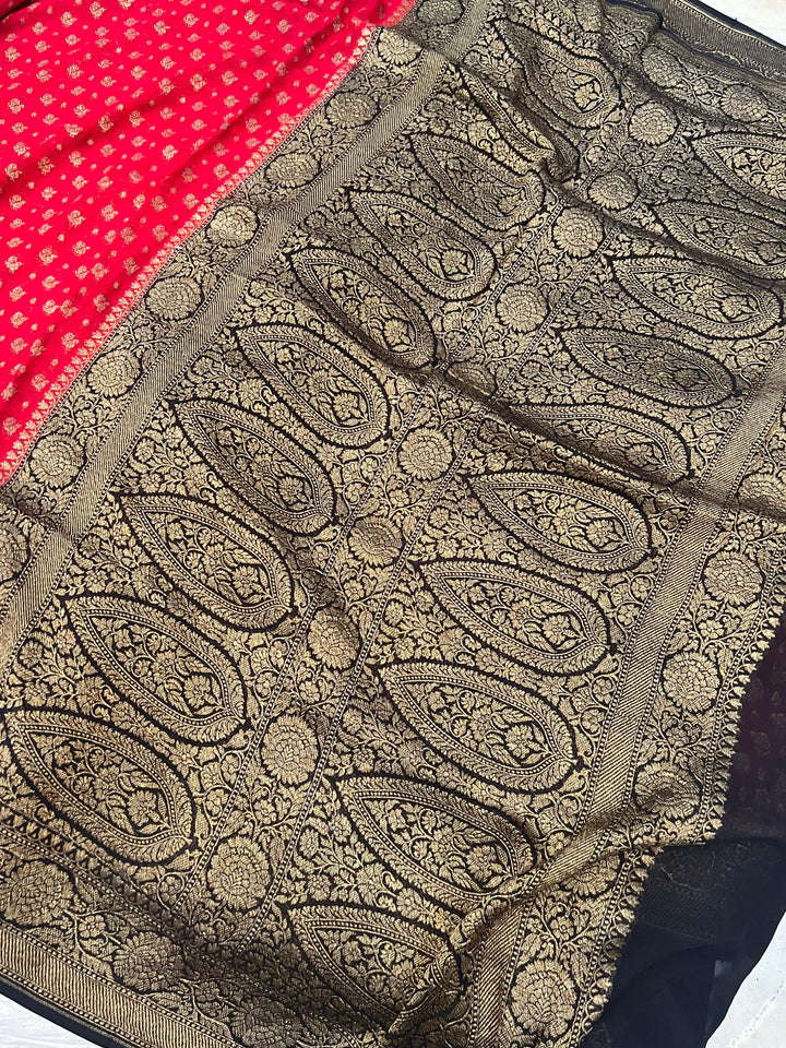 Red-Black Pure Khaddi Georgette Banarasi Handloom Saree - Aura Benaras