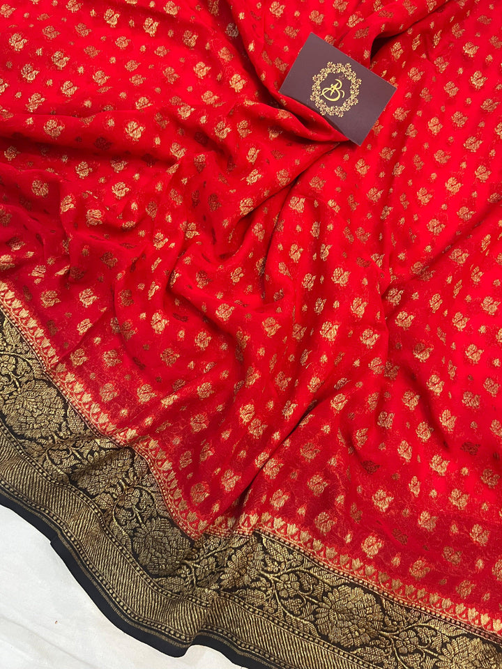 Red-Black Pure Khaddi Georgette Banarasi Handloom Saree - Aura Benaras