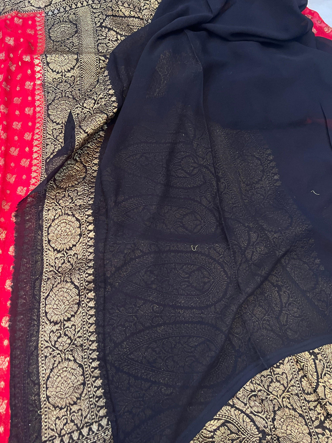 Red-Black Pure Khaddi Georgette Banarasi Handloom Saree - Aura Benaras