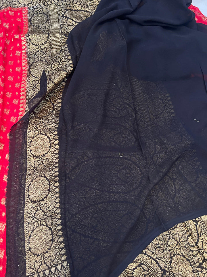 Red-Black Pure Khaddi Georgette Banarasi Handloom Saree - Aura Benaras