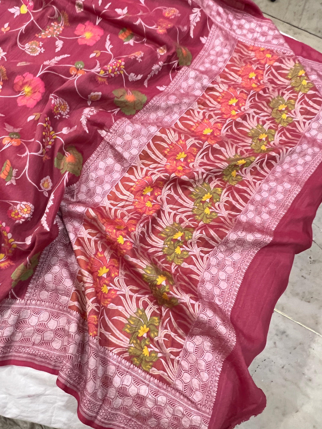  Onion Pink Banarasi Handloom Pure Tussar Georgette Silk Saree - Aura Benaras