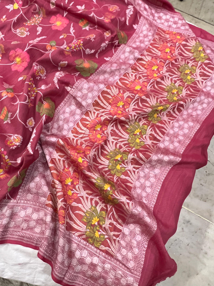  Onion Pink Banarasi Handloom Pure Tussar Georgette Silk Saree - Aura Benaras