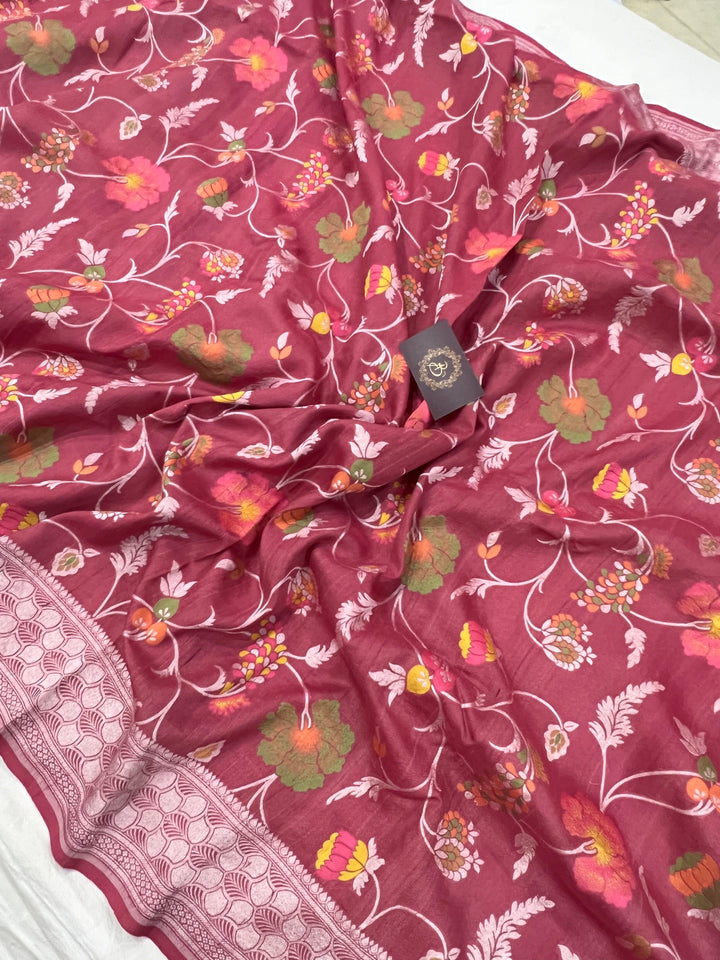  Onion Pink Banarasi Handloom Pure Tussar Georgette Silk Saree - Aura Benaras