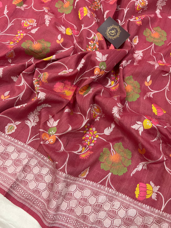  Onion Pink Banarasi Handloom Pure Tussar Georgette Silk Saree - Aura Benaras