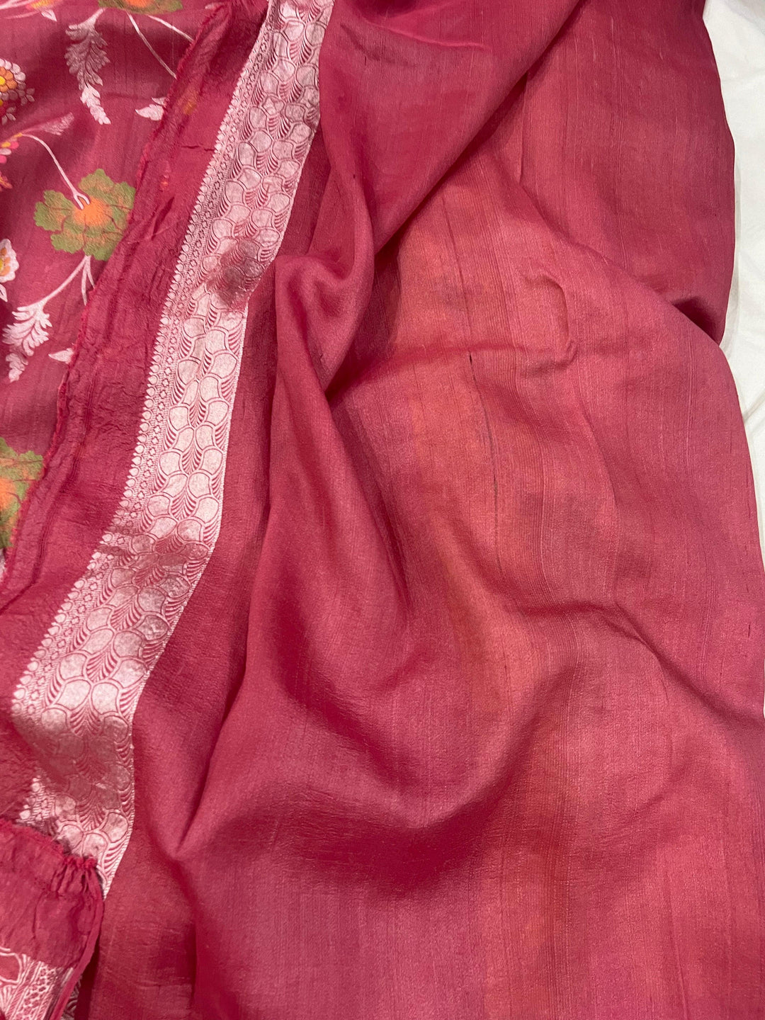  Onion Pink Banarasi Handloom Pure Tussar Georgette Silk Saree - Aura Benaras