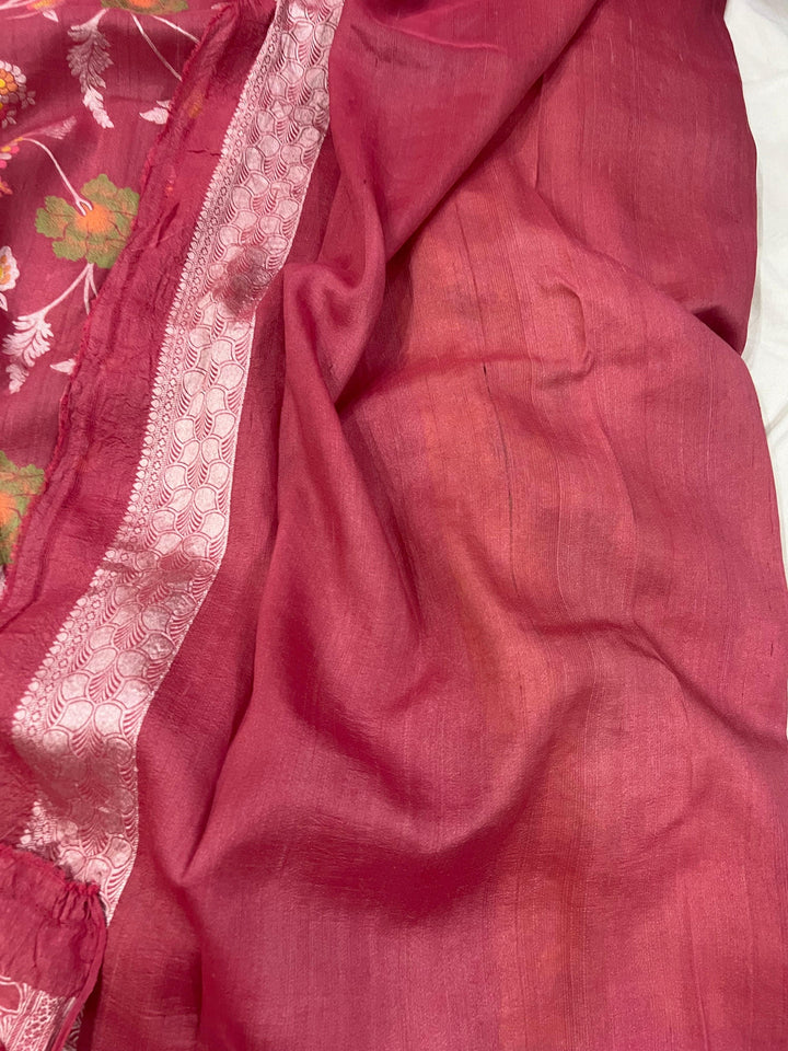  Onion Pink Banarasi Handloom Pure Tussar Georgette Silk Saree - Aura Benaras