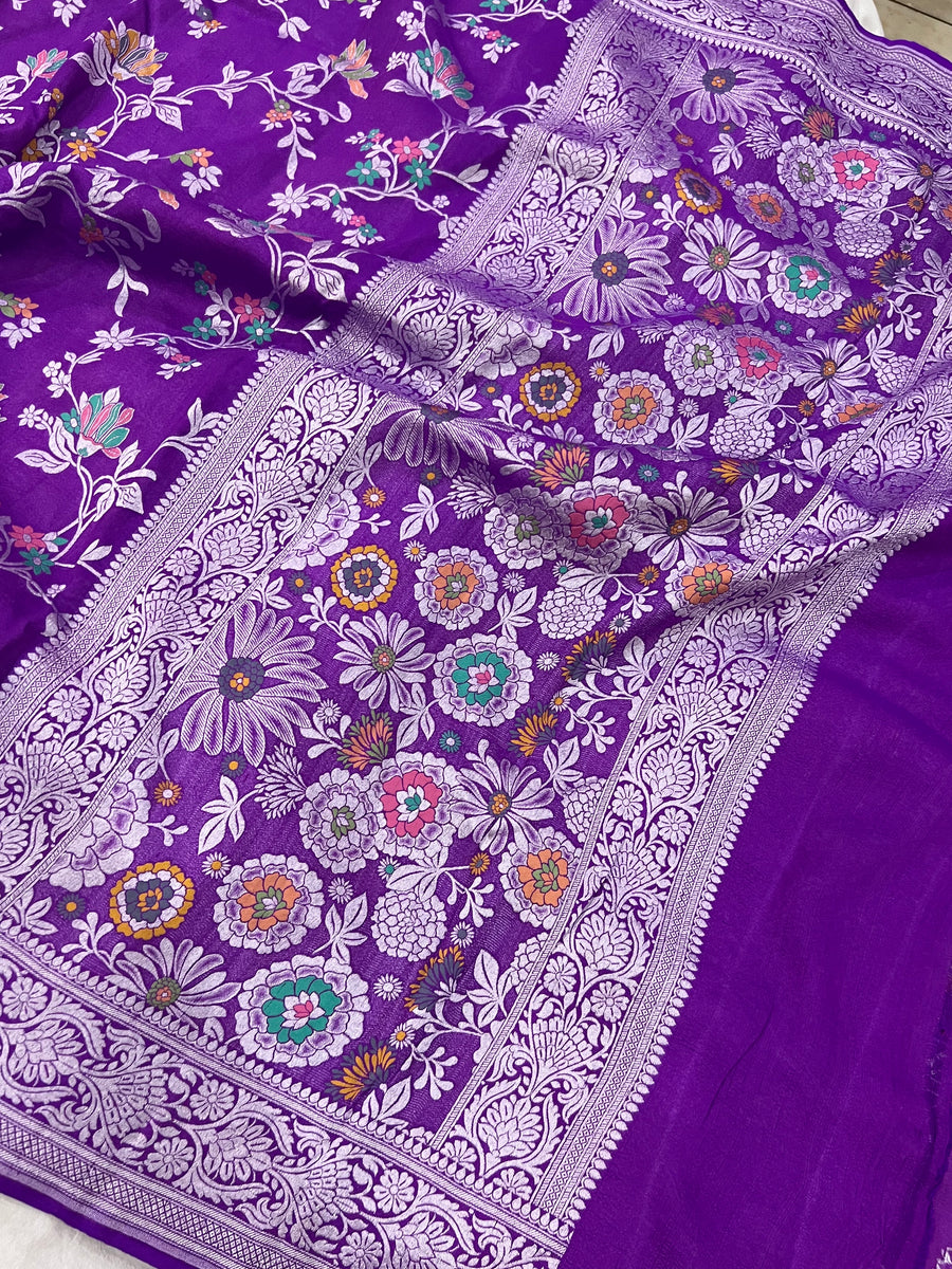 Purple Banarasi Handloom Pure Tussar Georgette Silk Saree - Aura Benaras