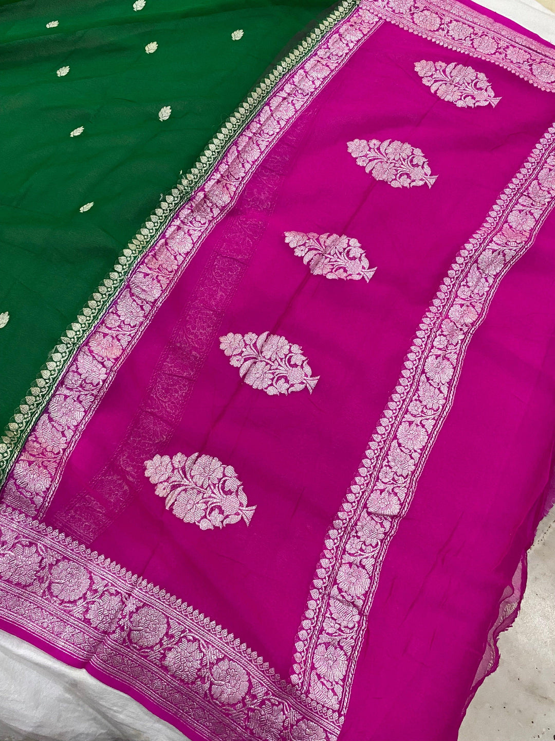 Green Banarasi Handloom Pure Georgette Silk Saree - Aura Benaras
